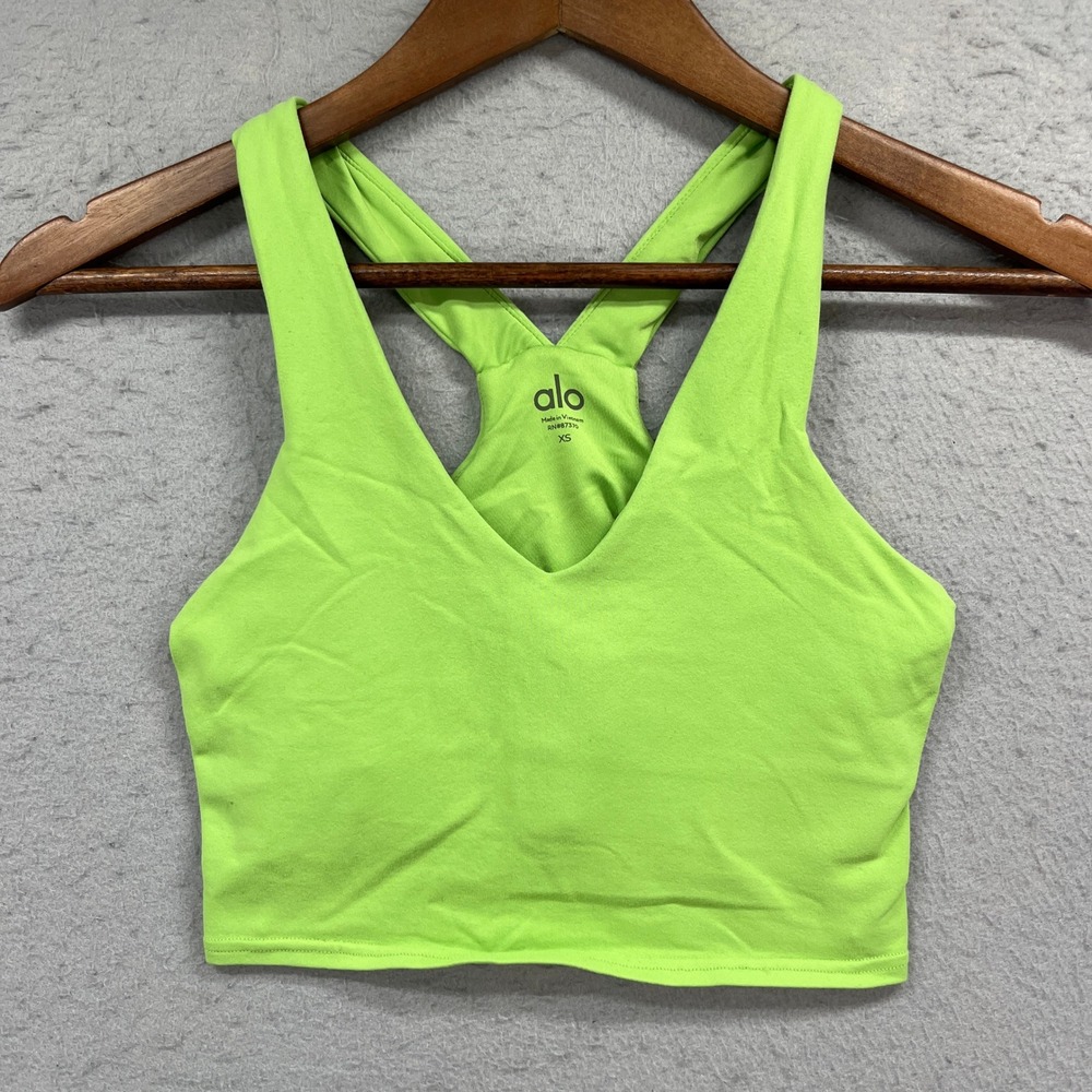 Alo Yoga Real Bra Tank Top Womens XS Green V-Neck Racerback Activewear Yoga Gym